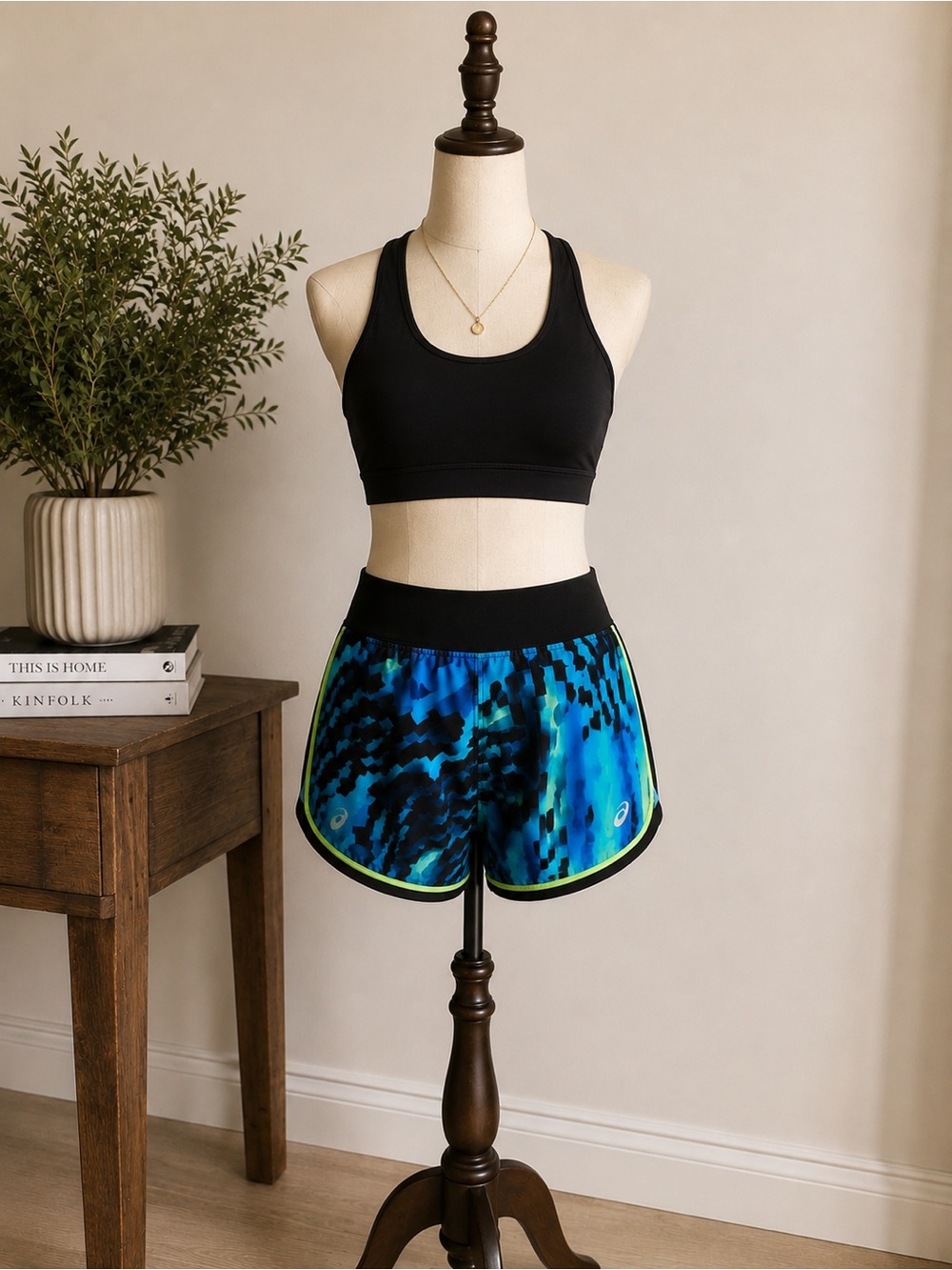 ASICS Geometric Print Running Shorts Blue Black Lime Zip Pocket Size S